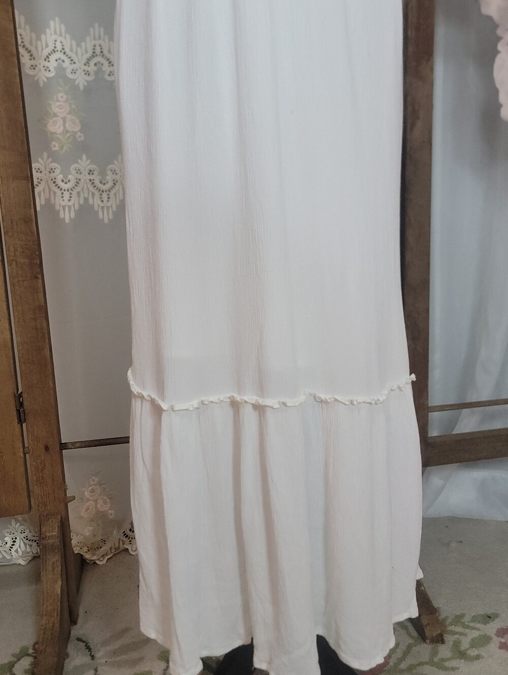 White Smocked Midi Dress with Puff Sleeves | Cottagecore Boho Indie Festival - Picture 8 of 11